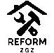 Logotipo de Reform ZGZ dibujo lineal del tejado de una casa y debajo un martillo y un llave inglesa